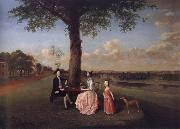 Arthur Devis Henry Fiennes Clinton,9th Earl of Lincoln,with his wife,Catherine and his son,George,on the great terrace at Oatlands oil painting on canvas